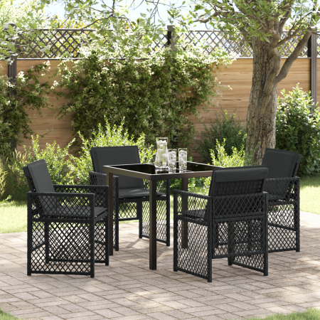 Comedor de Jardín de 5 Piezas con Cojines Negritos de Ratán Sintético, Mesa de Jardín  Negra 80x80x73 cm con Vidrio Templado | Foro24.es | Tu tienda online para hogar, jardín y más Foro24.es