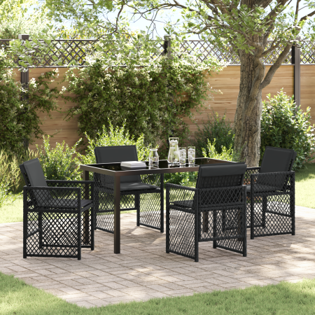 Set de Comedor de Jardín  de 5 Piezas con Cojines Negro Poli Ratan, Mesa de Jardín  Negra 140x80x73 cm con Vidrio Templado | Foro24.es | Tu tienda online para hogar, jardín y más Foro24.es
