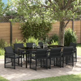 Juego de Comedor de Jardín de 9 Piezas con Cojines Negro de Polirratán, Mesa de Jardín Negra 200x80x73 cm Vidrio Templado de ...