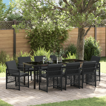 Juego de Comedor de Jardín de 9 Piezas con Cojines Negro de Polirratán, Mesa de Jardín  Negra 200x80x73 cm Vidrio Templado | Foro24.es | Tu tienda online para hogar, jardín y más Foro24.es