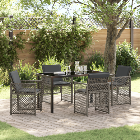 Juego de Comedor de Jardín de 5 Piezas con Cojines Gris de Mimbre, Mesa de Jardín  Negra 140x80x73 cm con Cristal Templado | Foro24.es | Tu tienda online para hogar, jardín y más Foro24.es
