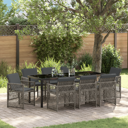 Conjunto de Comedor de Jardín de 9 Piezas con Cojines Gris ratán tejido de , Mesa de Jardín  Negra 200x80x73 cm Cristal Templado | Foro24.es | Tu tienda online para hogar, jardín y más Foro24.es