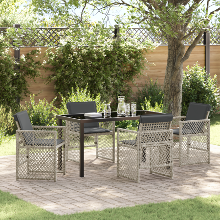Juego de Comedor de Jardín de 5 Piezas con Cojines Gris Claro, Mesa de Jardín Negra 140x80x73 cm con Vidrio Templado von , Ga...