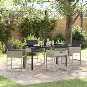 Juego de Comedor de Jardín de 5 Piezas con Cojines Poliratán Gris Claro, Mesa de Jardín Negra 140x80x73 cm Vidrio Templado vo...
