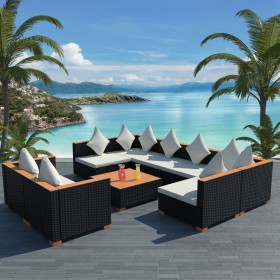 Set de muebles de jardín 9 pzas y cojines ratán sintético negro