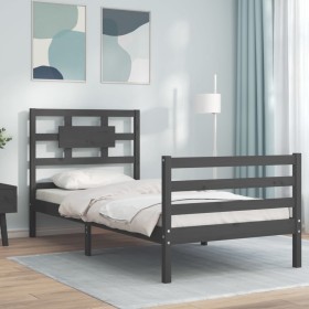 Estructura de cama con cabecero madera maciza gris 90x200 cm