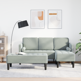 Sofá de jardín con banco y cojines en forma de L suave gris