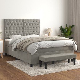 Cama box spring con colchón terciopelo gris claro 140x190 cm Cama box spring con colchón terciopelo gris claro 140x190 cm