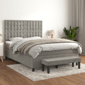 Cama box spring con colchón terciopelo gris claro 140x190 cm Cama box spring con colchón terciopelo gris claro 140x190 cm