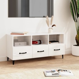 Mueble de TV madera contrachapada blanco brillo 102x35x50 cm