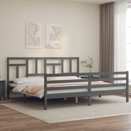 Gray solid wood bed frame with headboard 200x200 cm by vidaXL, Beds and slatted bases - Ref: Foro24-3194983, Price: 170,25 €,...