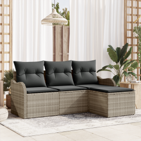 Conjunto de Sofá de Jardín de 4 Piezas con Cojines Gris Claro de Ratán Poliéster de , Sofás de exterior - Ref: Foro24-3345652...