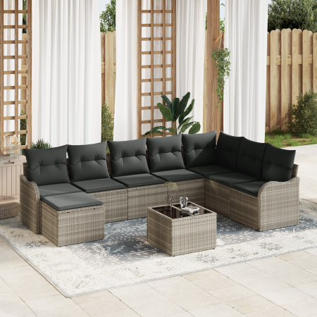 Conjunto de Sofá de Jardín  9 Piezas con Cojines Gris Ratán Poliéster | Foro24.es | Tu tienda online para hogar, jardín y más Foro24.es
