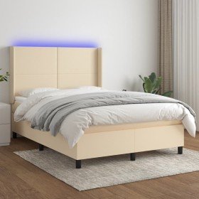 Cama box spring colchón y luces LED tela crema 140x200 cm Cama box spring colchón y luces LED tela crema 140x200 cm