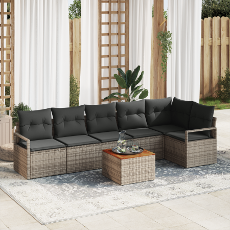 Conjunto de Sofá de Jardín de 7 Piezas con Cojines Gris Ratán Poliéster Acacia | Foro24.es | Tu tienda online para hogar, jardín y más Foro24.es