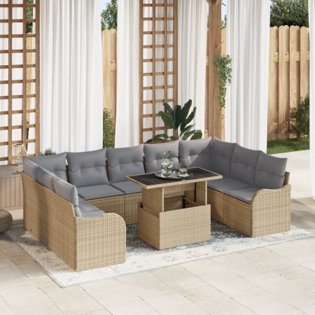 Juego de Sofás de Jardín de 10 Piezas con Cojines Ratán Poliéster Beige de , Sofás de exterior - Ref: Foro24-3348526, Precio:...