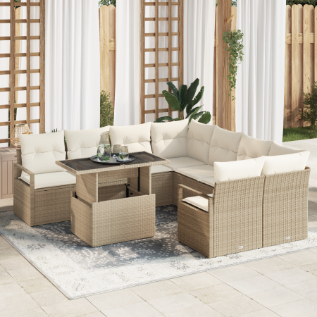 Conjunto de Sofá de Jardín de 9 Piezas con Cojines Beige Ratán Poliéster von , Outdoor-Sofas - Ref: Foro24-3348797, Preis: 63...