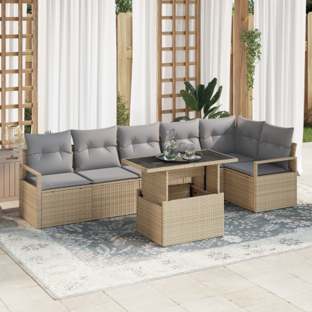 Juego de Sofá de Jardín de 7 Piezas con Cojines Beige de Ratán Poliéster de , Sofás de exterior - Ref: Foro24-3348836, Precio...