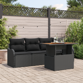 Set de Sofá de Jardín de 5 piezas con Cojines Ratán Poliratán Negro Acacia de , Sofás de exterior - Ref: Foro24-3349393, Prec...