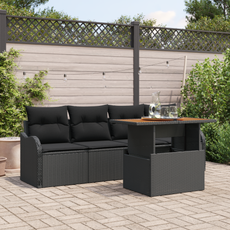 Set de Sofá de Jardín de 5 piezas con Cojines Ratán Poliratán Negro Acacia de , Sofás de exterior - Ref: Foro24-3349393, Prec...