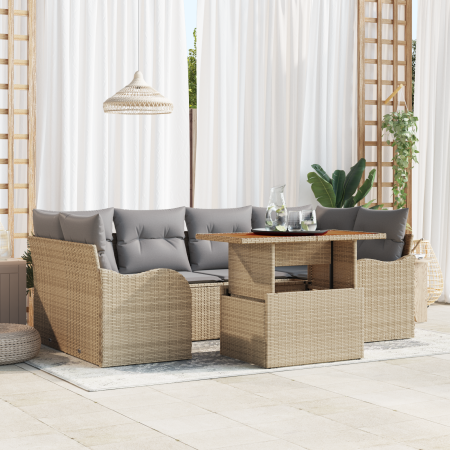 Conjunto de Sofá de Jardín de 7 Piezas con Cojines Beige Ratán Polímero Acacia von , Outdoor-Sofas - Ref: Foro24-3349412, Pre...