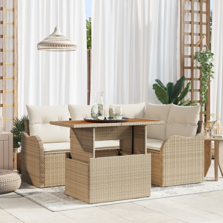 Set de Sofá de Jardín de 5 Piezas con Cojines Beige de Rattan de Polietileno Acacia by , Outdoor sofas - Ref: Foro24-3349455,...