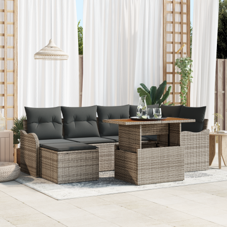 Juego de Sofás de Jardín de 7 Piezas con Cojines Gris de Rátan Polímero Acacia | Foro24.es | Tu tienda online para hogar, jardín y más Foro24.es