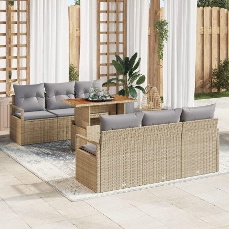 Juego de Sofá de Jardín de 7 Piezas con Cojines Beige Poliratán Acacia | Foro24.es | Tu tienda online para hogar, jardín y más Foro24.es