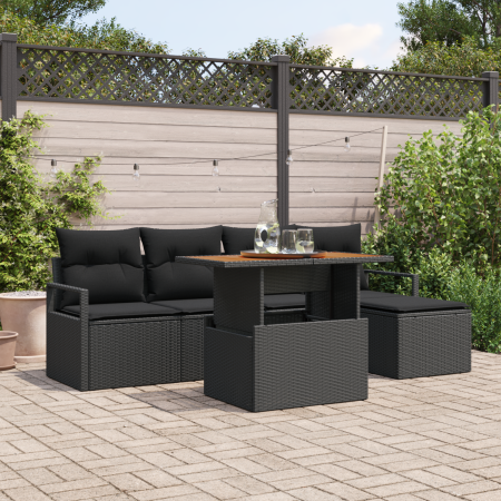 Conjunto de Sofá de Jardín de 6 Piezas con Cojines Ratán Poliéster Negro Acacia | Foro24.es | Tu tienda online para hogar, jardín y más Foro24.es