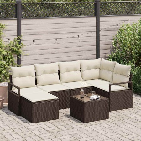 Conjunto de sofá de jardín 7 pcs Marrón Poliratán