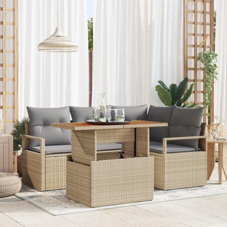 Conjunto de Sofá de Jardín de 5 Piezas con Cojines Beige, Rattan Poliéster Acacia by , Outdoor sofas - Ref: Foro24-3349706, P...