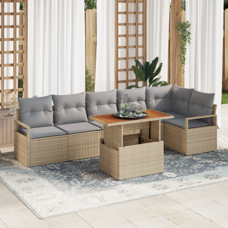 Juego de Sofá de Jardín de 7 Piezas con Cojines Beige Ratán Sintético Acacia | Foro24.es | Tu tienda online para hogar, jardín y más Foro24.es