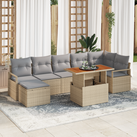 Juego de Sofá de Jardín de 8 Piezas con Cojines Beige Ratán Poliéster Acacia de , Sofás de exterior - Ref: Foro24-3349741, Pr...