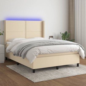 Cama box spring colchón y luces LED tela crema 140x200 cm Cama box spring colchón y luces LED tela crema 140x200 cm
