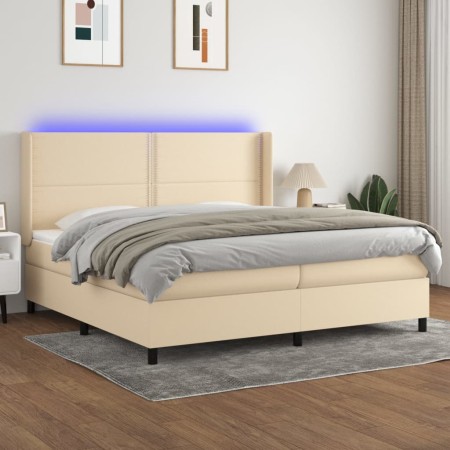 Cama box spring colchón y luces LED tela crema 200x200 cm