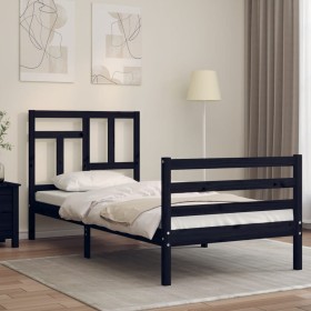 Estructura de cama con cabecero madera maciza negro 90x200 cm