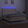 Cama box spring colchón y luces LED tela crema 160x200 cm