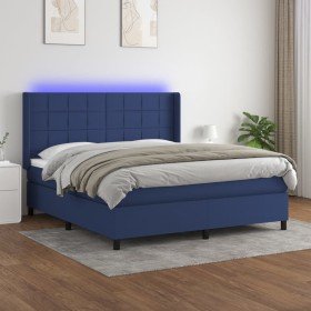 Cama box spring colchón y luces LED tela azul 160x200 cm Cama box spring colchón y luces LED tela azul 160x200 cm