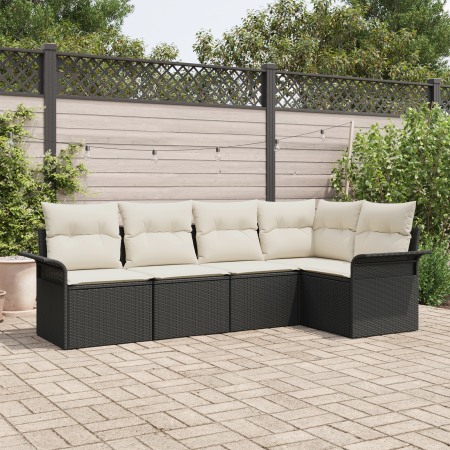 Conjunto de Sofá de Jardín  de 5 Piezas con Cojines Negro Poliratán | Foro24.es | Tu tienda online para hogar, jardín y más Foro24.es