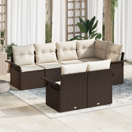 Set de Sofá de Jardín de 7 Piezas con Cojines Marrón Ratán Poliéster | Foro24.es | Tu tienda online para hogar, jardín y más Foro24.es