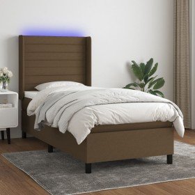 Cama box spring colchón y luces LED tela marrón oscuro 90x190cm en Camas y somieres | Comprar online en Foro24