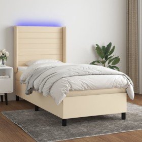 Cama box spring colchón y luces LED tela color crema 90x190 cm