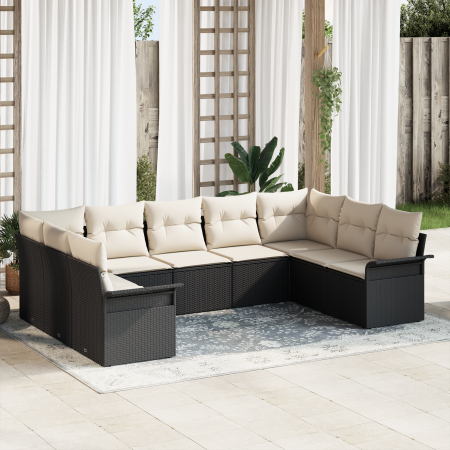 Conjunto de Sofá de Jardín  de 9 Piezas con Cojines de Ratán Poliéster Negro | Foro24.es | Tu tienda online para hogar, jardín y más Foro24.es