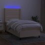 Cama box spring colchón y luces LED tela color crema 90x190 cm