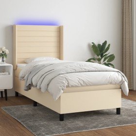 Cama box spring colchón y luces LED tela crema 90x200 cm Cama box spring colchón y luces LED tela crema 90x200 cm
