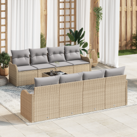 Conjunto de Sofá de Jardín de 9 Piezas con Cojines Beige Ratán