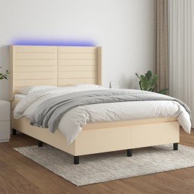 Cama box spring colchón y luces LED tela crema 140x200 cm Cama box spring colchón y luces LED tela crema 140x200 cm