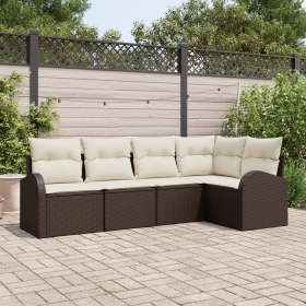 Juego de Sofás de Jardín de 5 Piezas con Cojines Marrón Poliratán by , Outdoor sofas - Ref: Foro24-3354707, Price: 382,00 €, ...