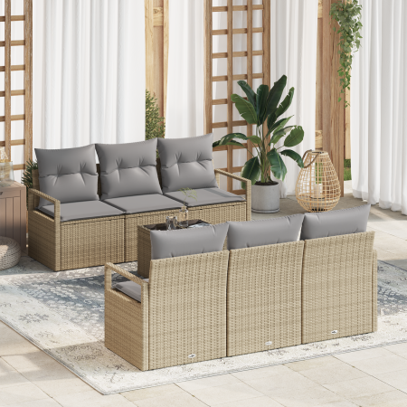 Conjunto de Sofá de Jardín  de 7 piezas con Cojines Beige Poliratán | Foro24.es | Tu tienda online para hogar, jardín y más Foro24.es