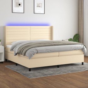 Cama box spring colchón y luces LED tela crema 200x200 cm Cama box spring colchón y luces LED tela crema 200x200 cm